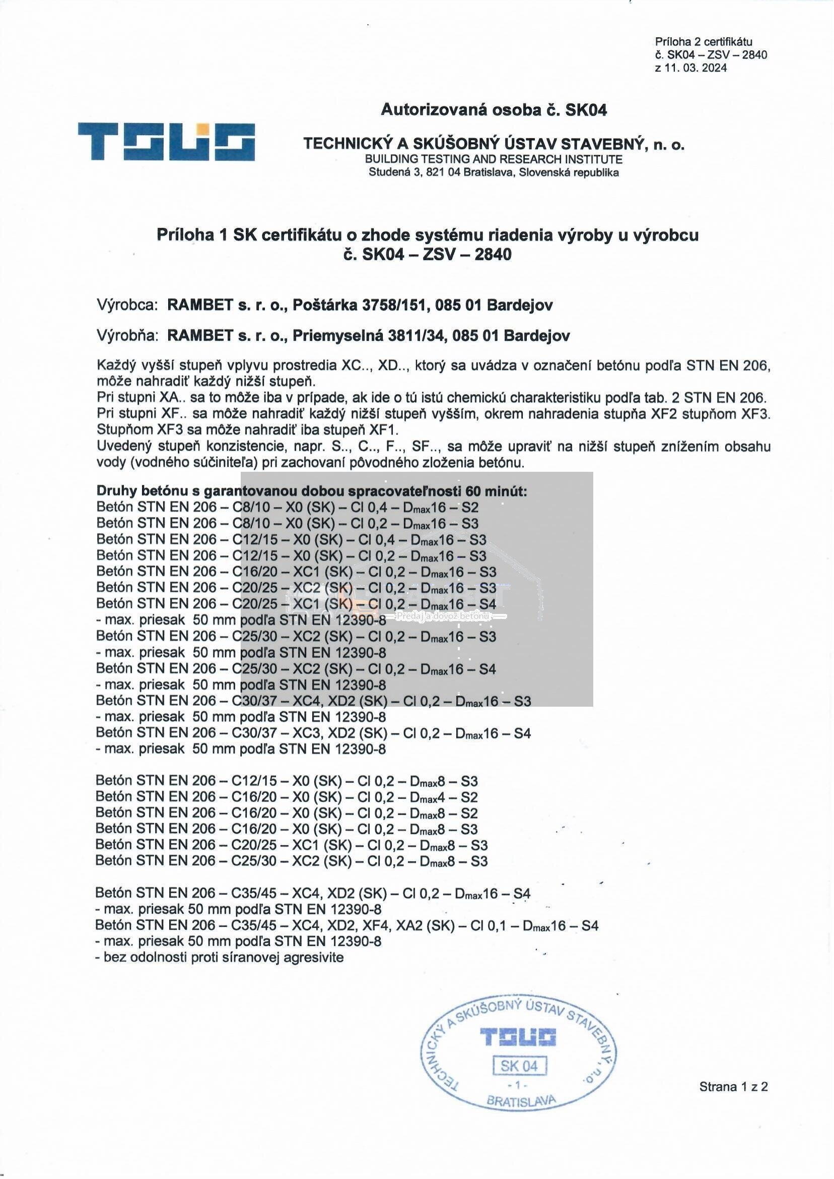 Príloha k certifikátu — strana 1