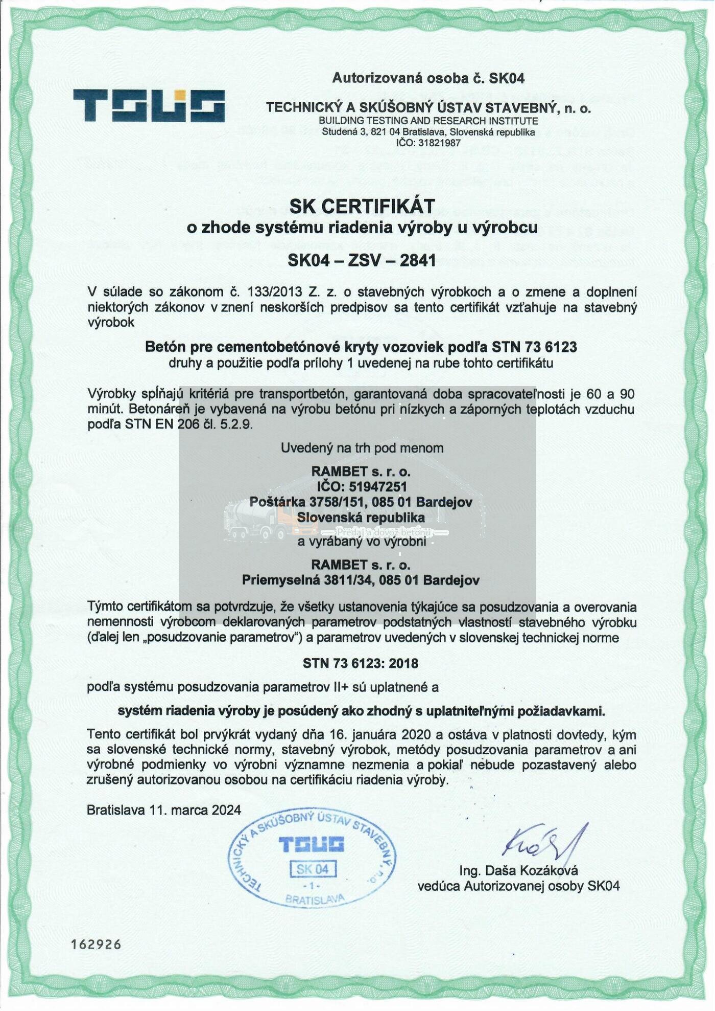Certifikát kvality betónu RAMBET